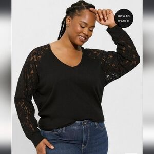 Torrid Black Cotton Modal Rib V-Neck Lace Long Sleeve Top